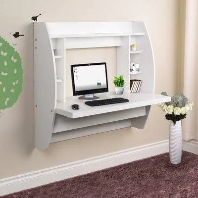 White Floating Desk with Hutch F494