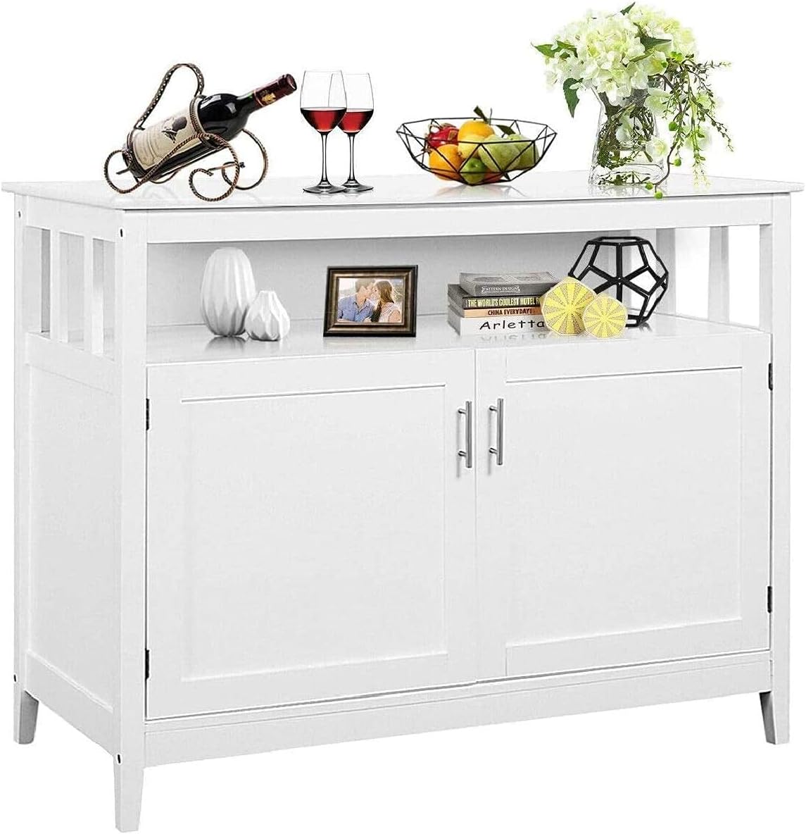 White Free Standing Sideboard Cabinet with 2 Level Cabinets and Open Shelf O14800
