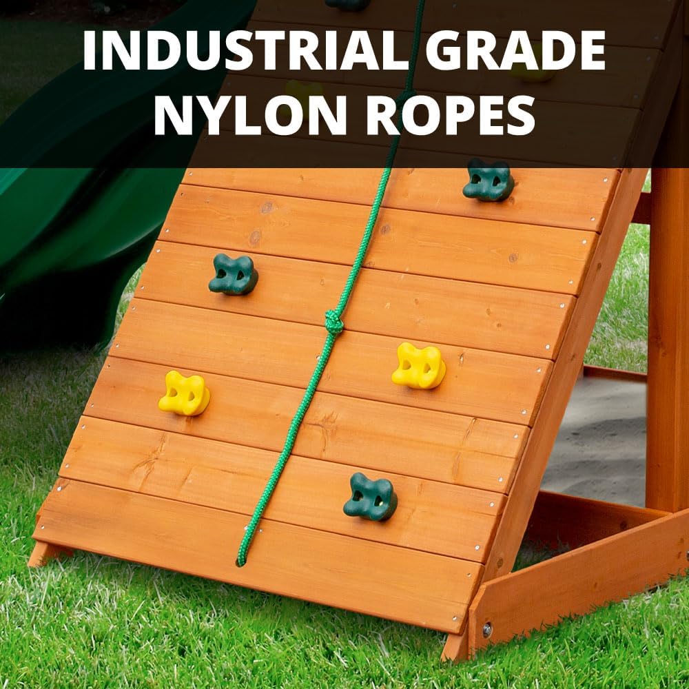 Oversized Green Vinyl Canopy Roof Wooden Swing Set with Climbing Wall, Ladder, Swings and Slide M662669