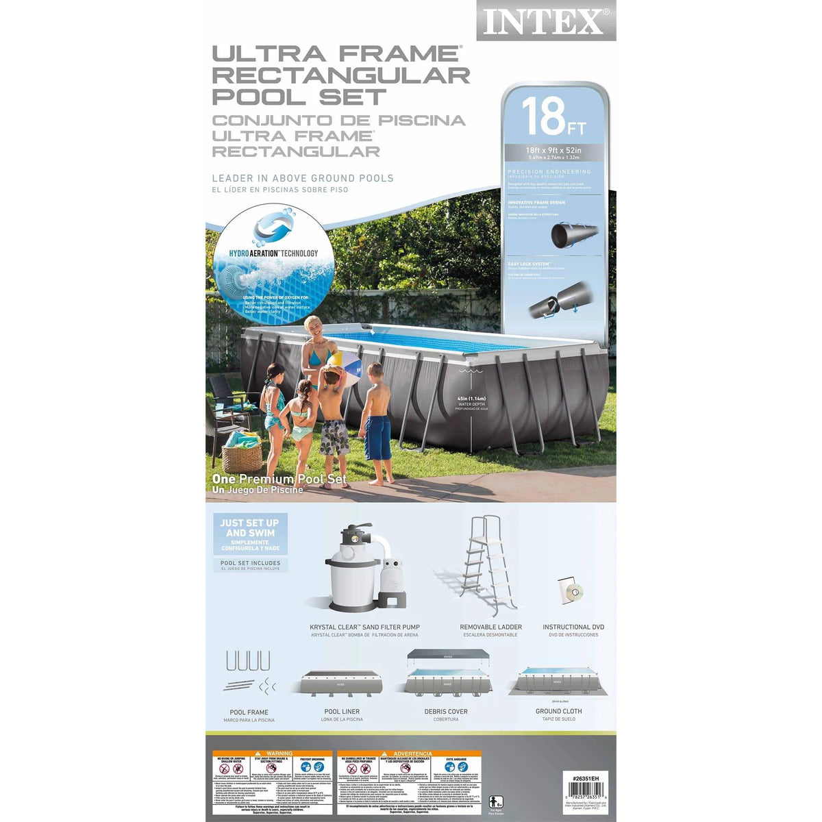 18ft x 9ft x 52in Rectangular Above Ground Pool with Pump R136