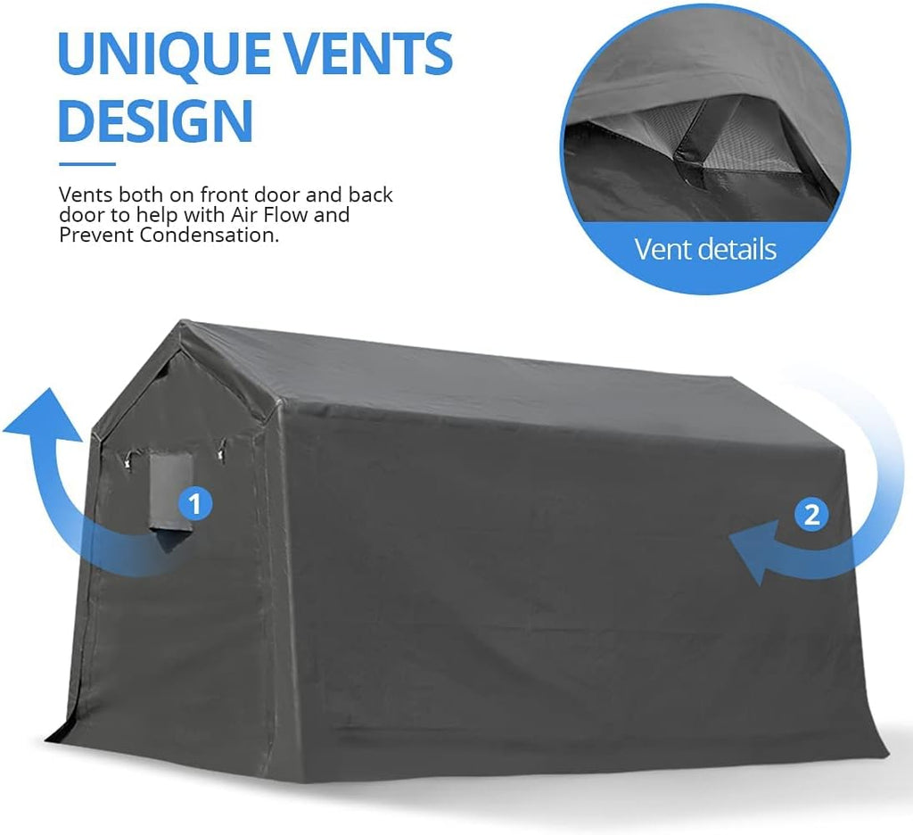 Gray Steel Metal Peak Roof Portable Garage Shelter Storage Shed Carport with 2 Roll up Doors R390015