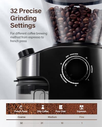 Burr Coffee Grinder Electric with 32 Grinding Sizes, 40 Seconds Adjustable Electronic Timer R2543