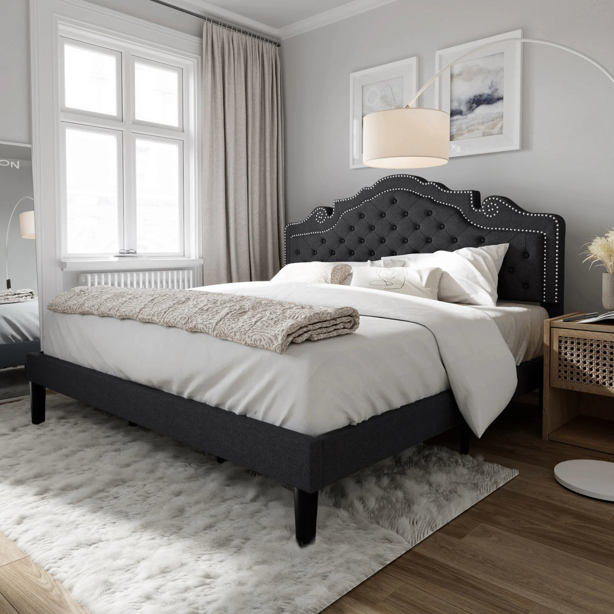 Queen Size Upholstered Platform Bed Frame with Adjustable Headboard X642323