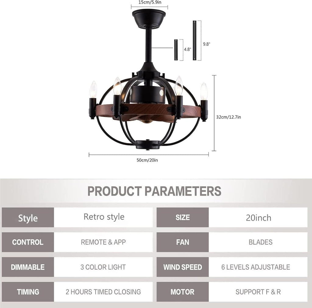 Black Cage Ceiling Fan with Light Remote Control X401