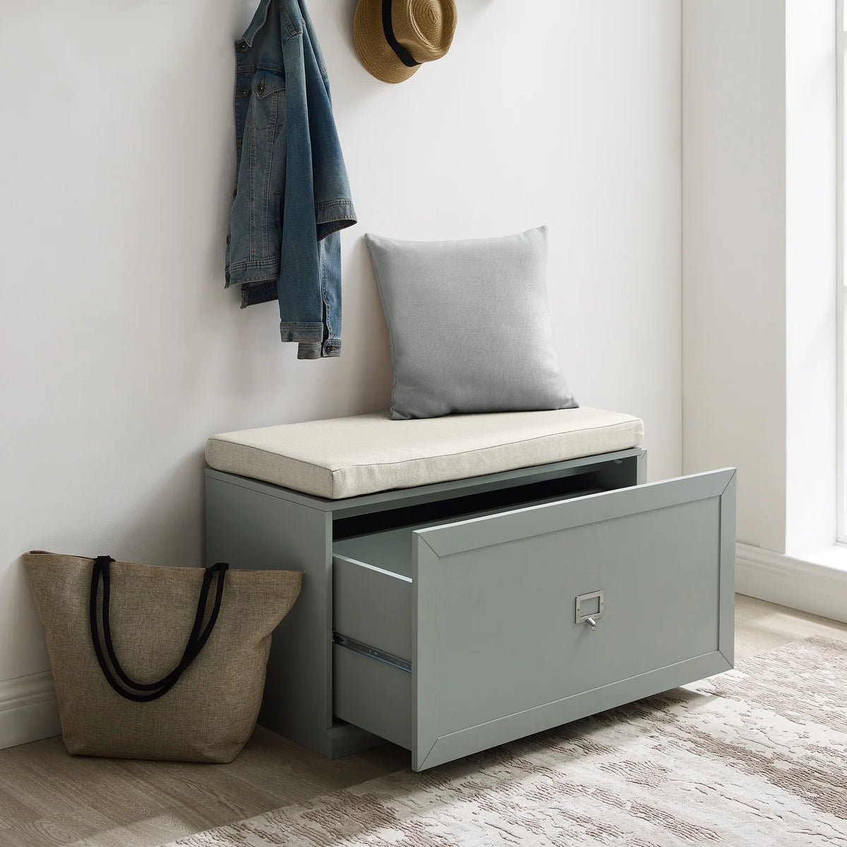 Gray and Cream Wooden Entryway Bench K65506