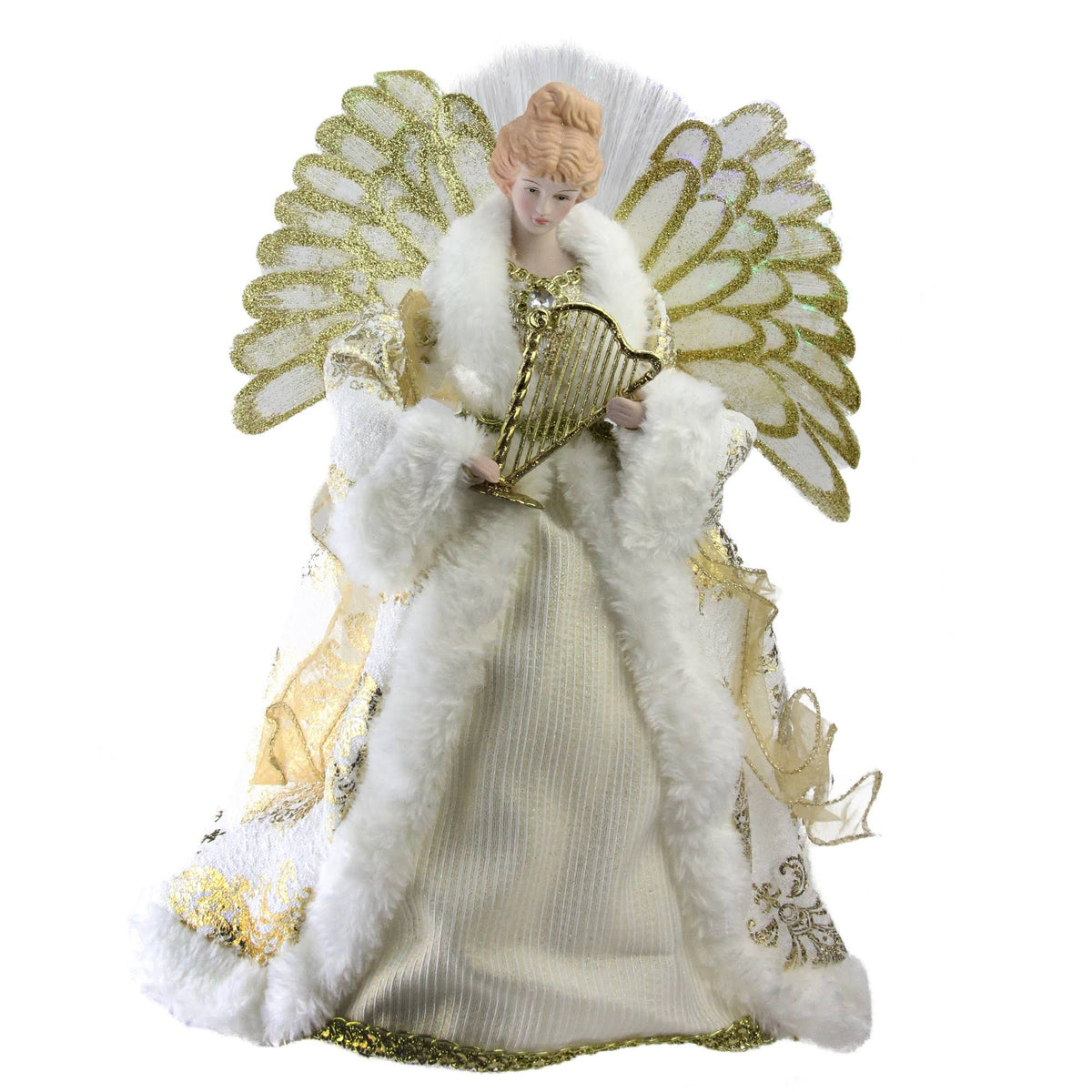 12x22 Lighted Fiber Optic Angel in Gold and Cream Gown with Harp Christmas Tree Topper T4173