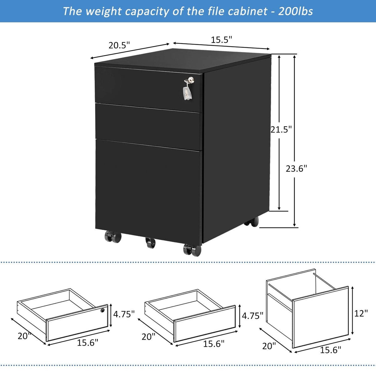 Black Metal 3 Drawer Lockable File Cabinet T873972