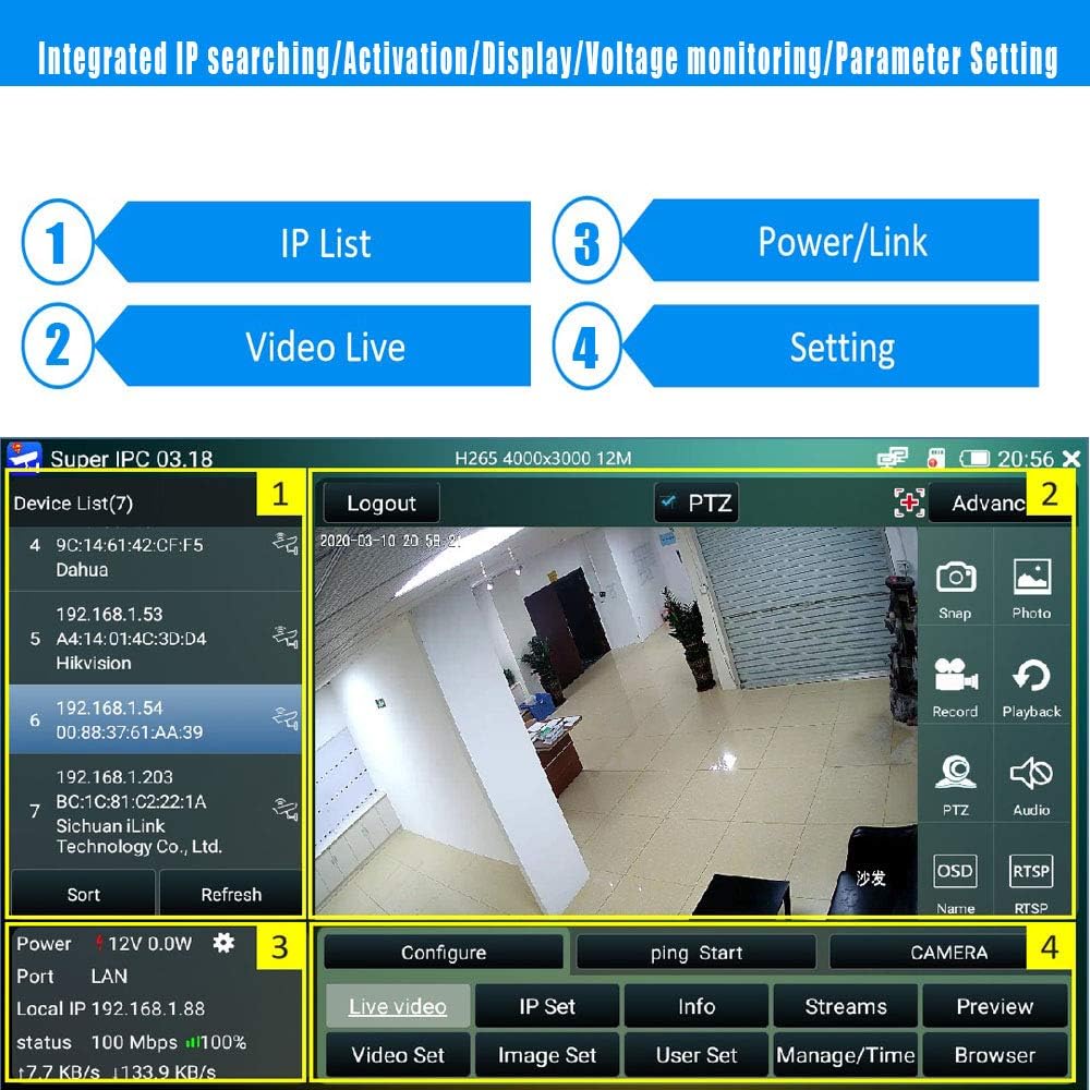 7 Inch IPS Touch Screen H.265 6K IP Camera Tester with Anti-Sunlight Cover A296