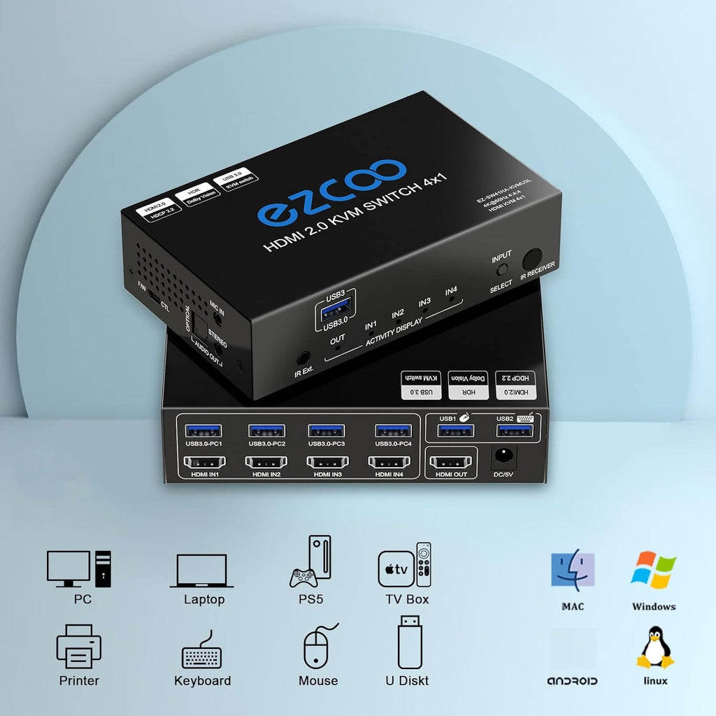 4-Port USB 3.0 KVM Switch HDMI 4K 60Hz with USB Peripheral Hub and IR Remote E669