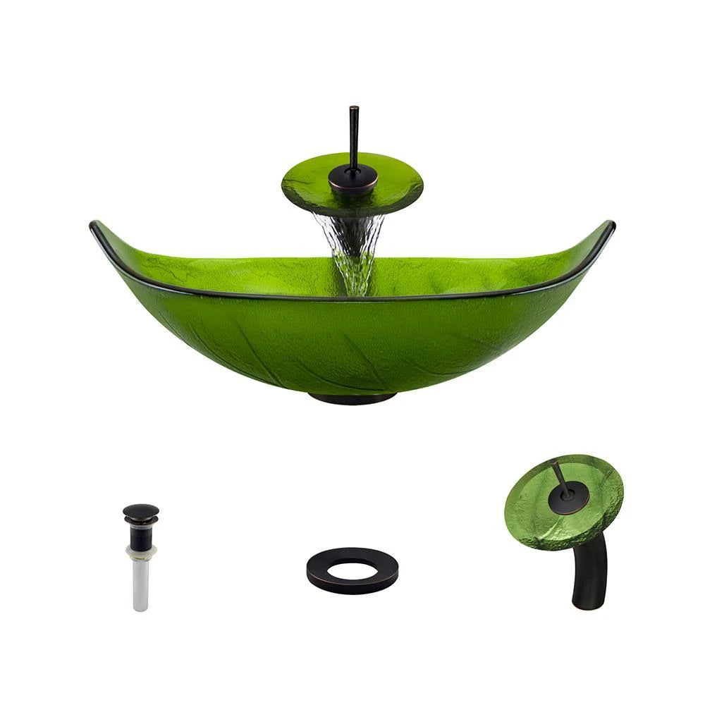 Vessel Sink Ensemble with Antique Bronze Finish Waterfall Faucet, Pop-Up Drain, and Sink Ring J39838