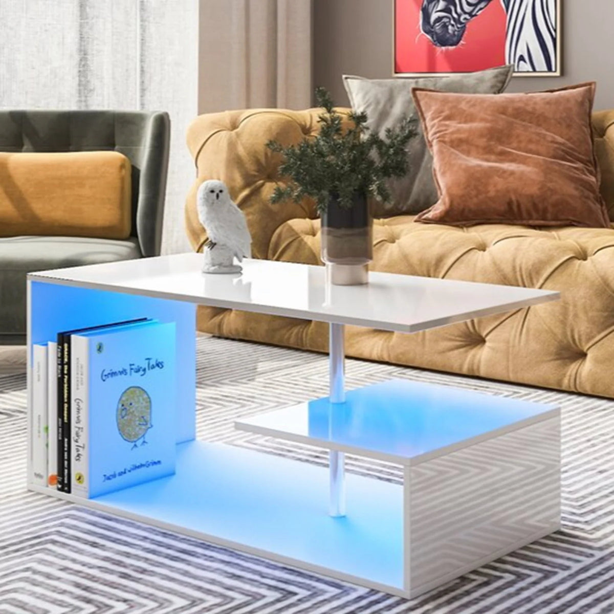High Gloss Coffee Table with Open Shelf LED Lights White S Shaped P4833