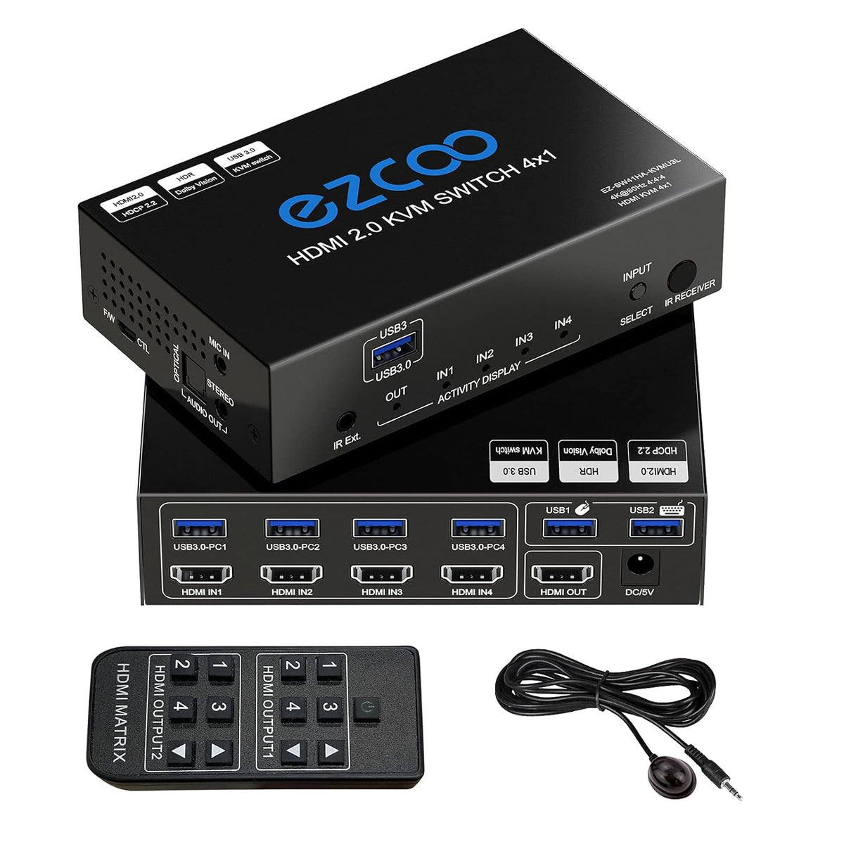 4-Port USB 3.0 KVM Switch HDMI 4K 60Hz with USB Peripheral Hub and IR Remote E669