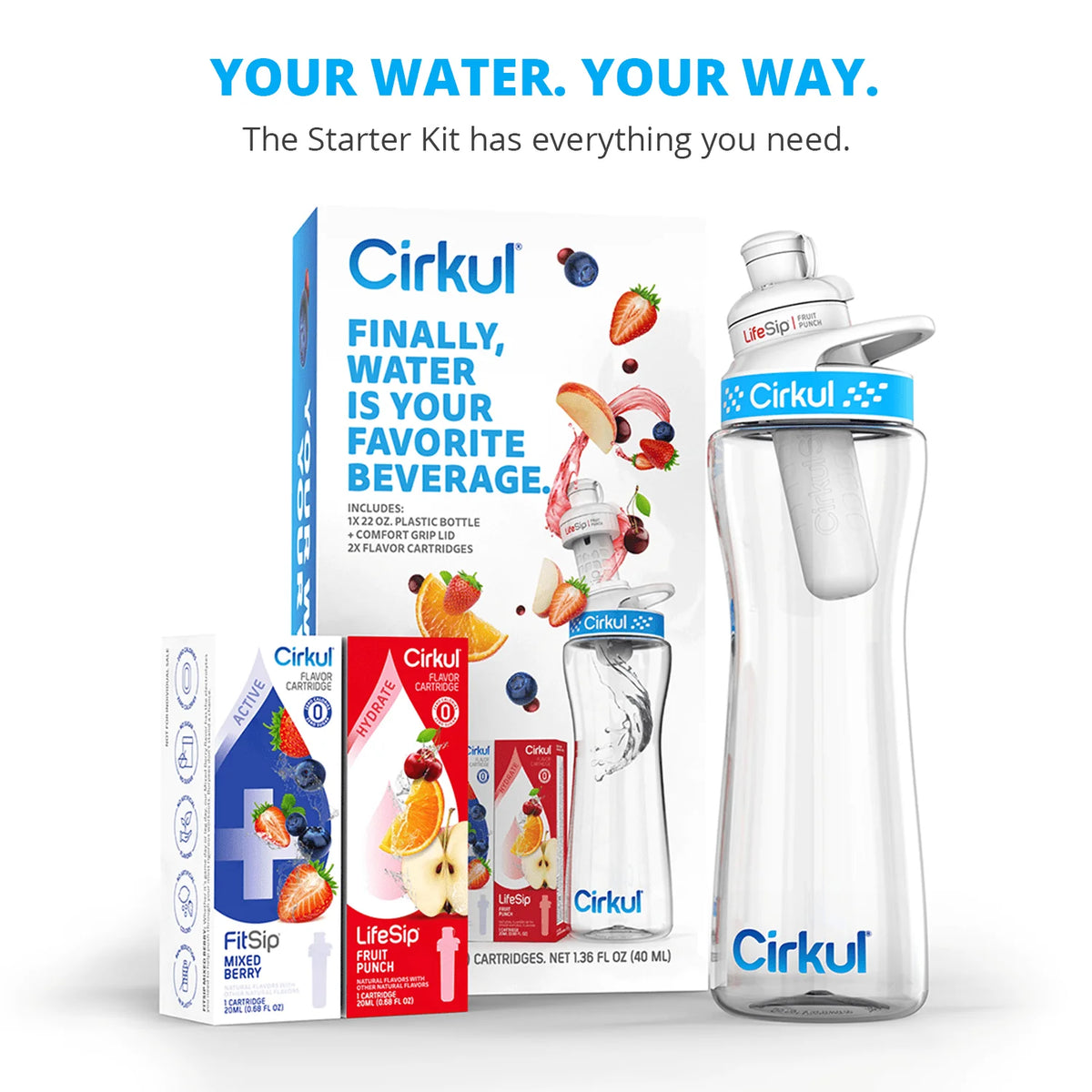 22oz Plastic Water Bottle Starter Kit with Blue Lid and 2 Flavor Cartridges P755870