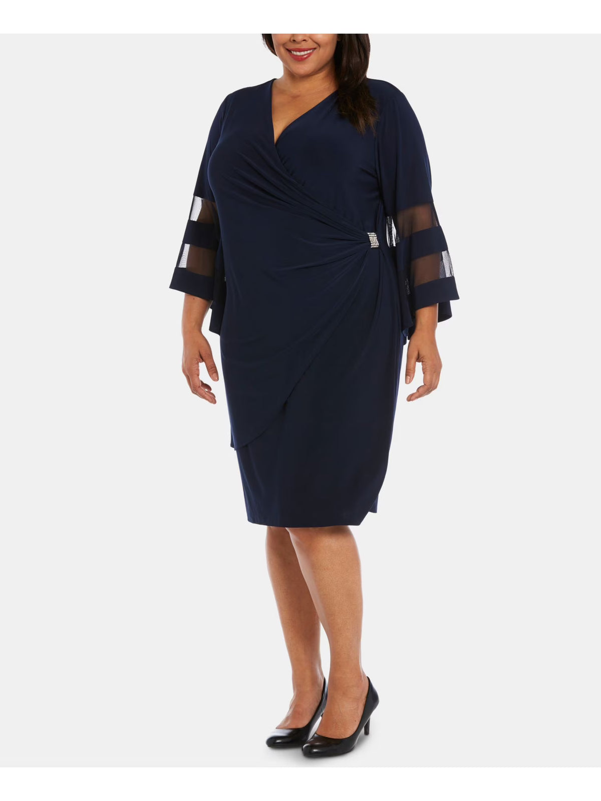 Navy Beaded 3/4 Sleeve V Neck Knee Length Wrap Dress Plus 14W B270578