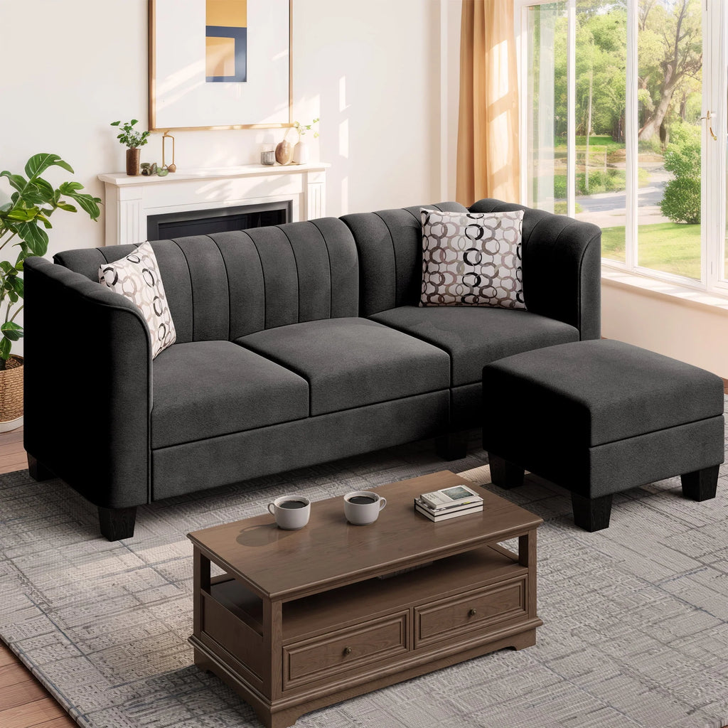 Black L Shaped Linen Fabric Sectional Sofa Y76415