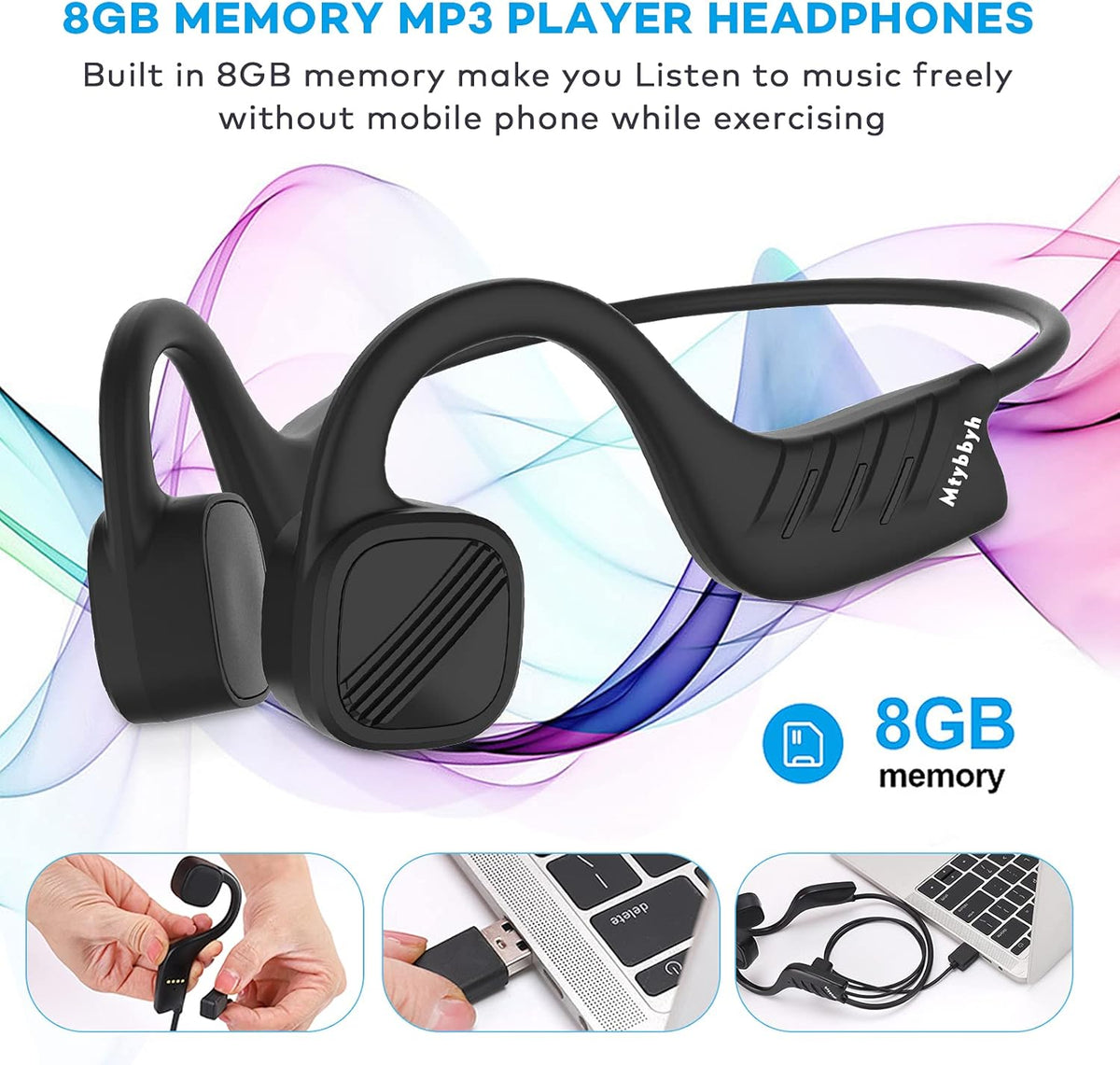 Waterproof Bone Conduction Headphones IPX8 Open-Ear 8GB MP3 Player Wireless Bluetooth Sports Headphones with Noise Cancelling MIC A6489