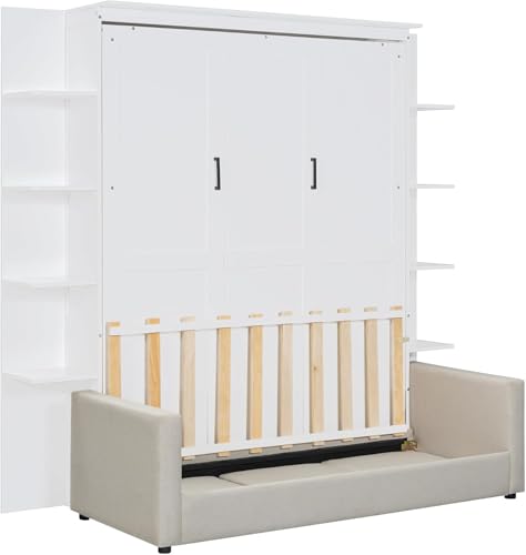 Queen Size Wood Murphy Bed with Storage Shelves and Sofa S257895