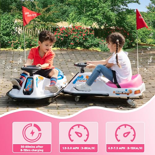 24V Electric Go Kart for Kids, Up to 7.5 mph, Brushless Motor, Pink-White E819