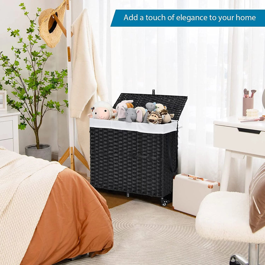Hand Woven Rattan Laundry Hamper with Lid and Wheels A9681