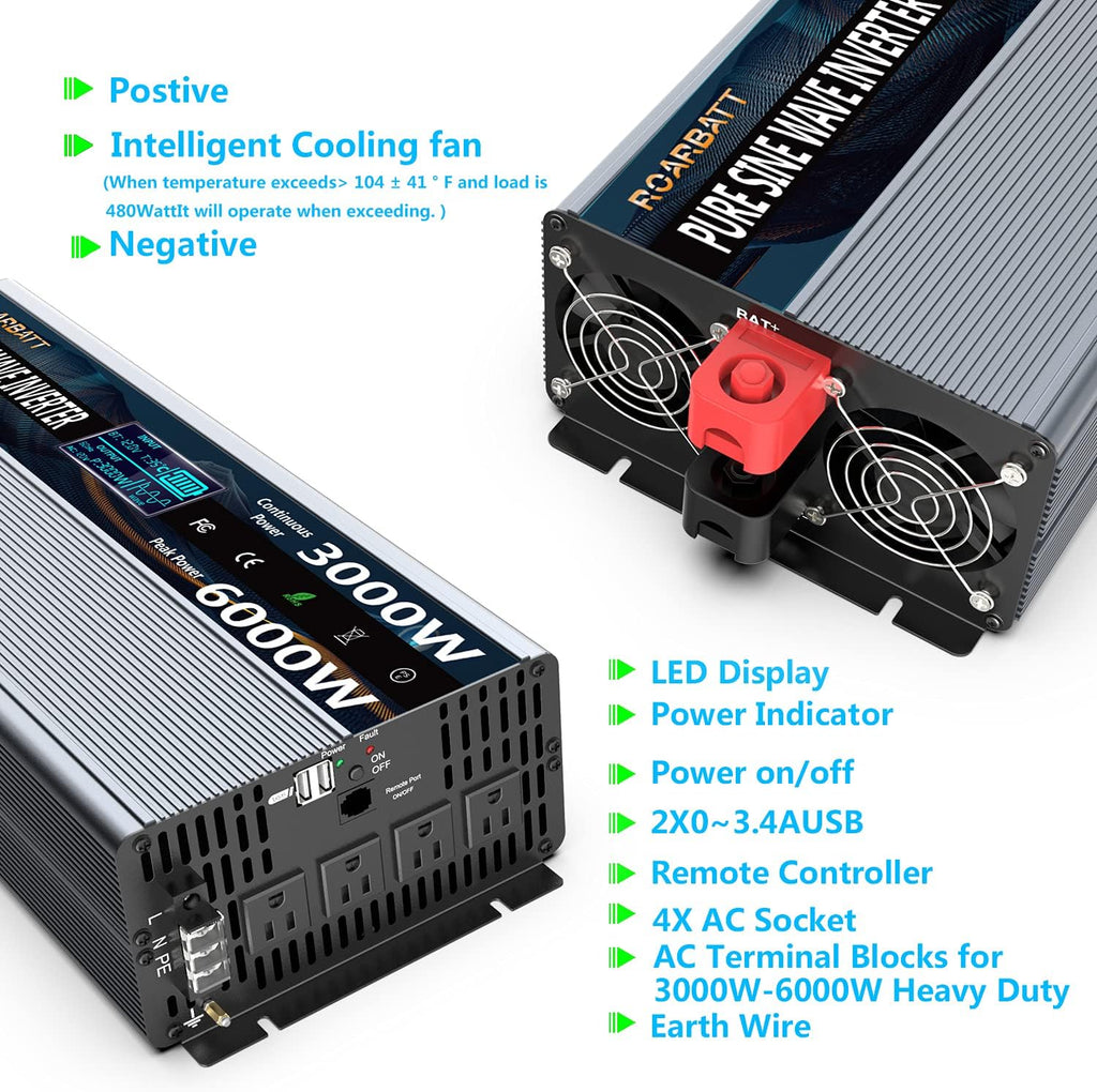 Pure Sine Wave Power Inverter 3000Watt 12V DC to AC 110V 120V with Remote Control 4 AC Outlets Dual USB Port P141749