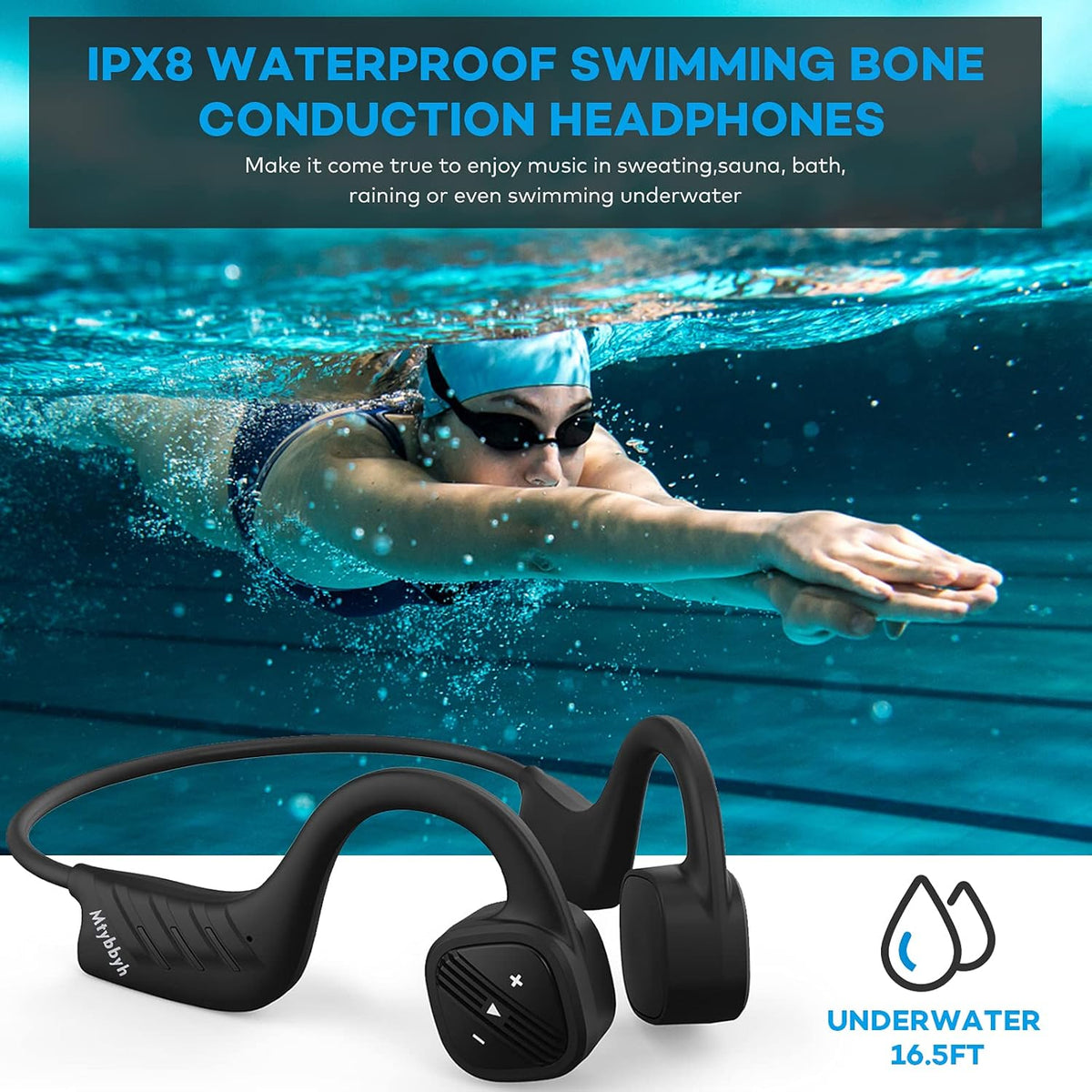 Waterproof Bone Conduction Headphones IPX8 Open-Ear 8GB MP3 Player Wireless Bluetooth Sports Headphones with Noise Cancelling MIC A6489