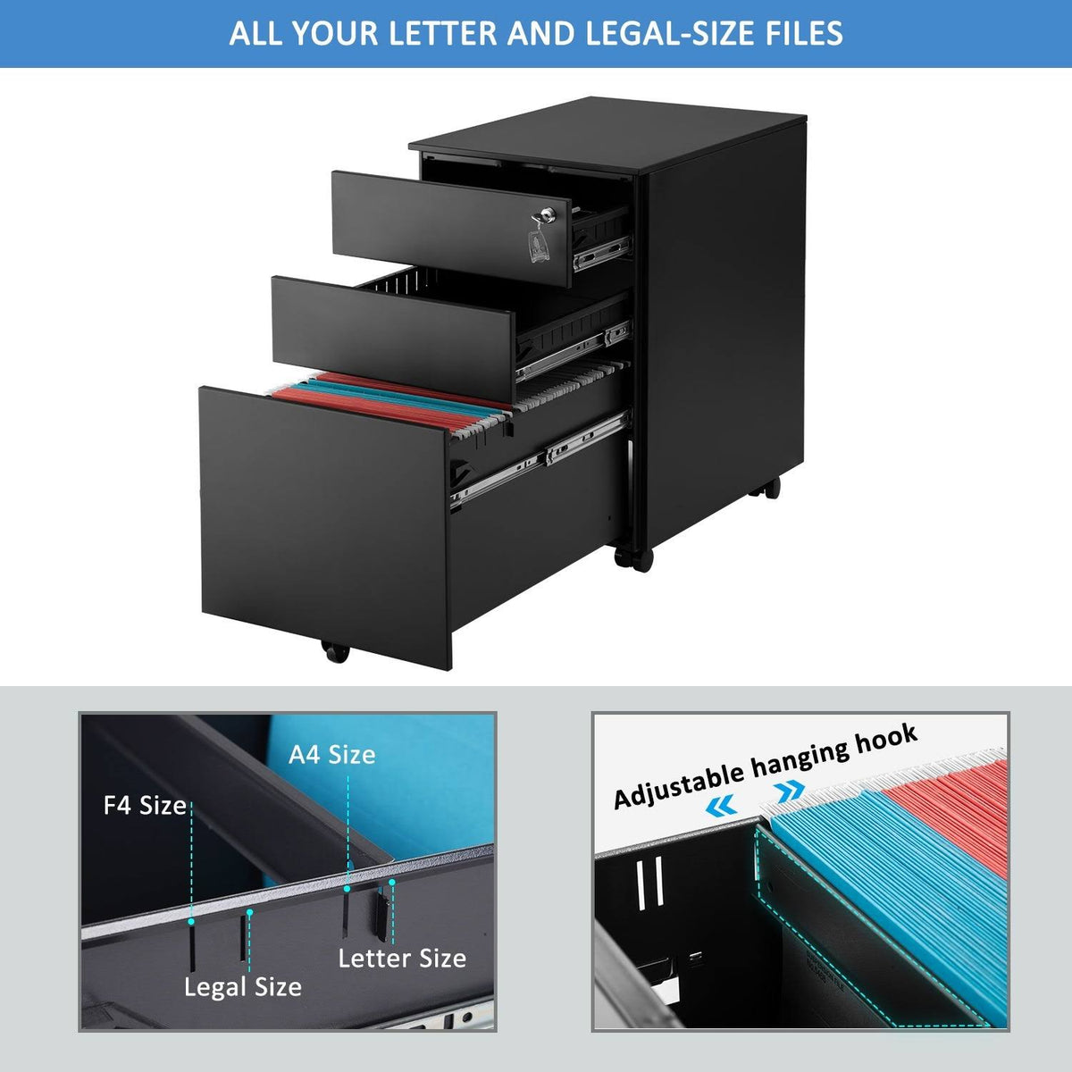 Black Metal 3 Drawer Lockable File Cabinet T873972