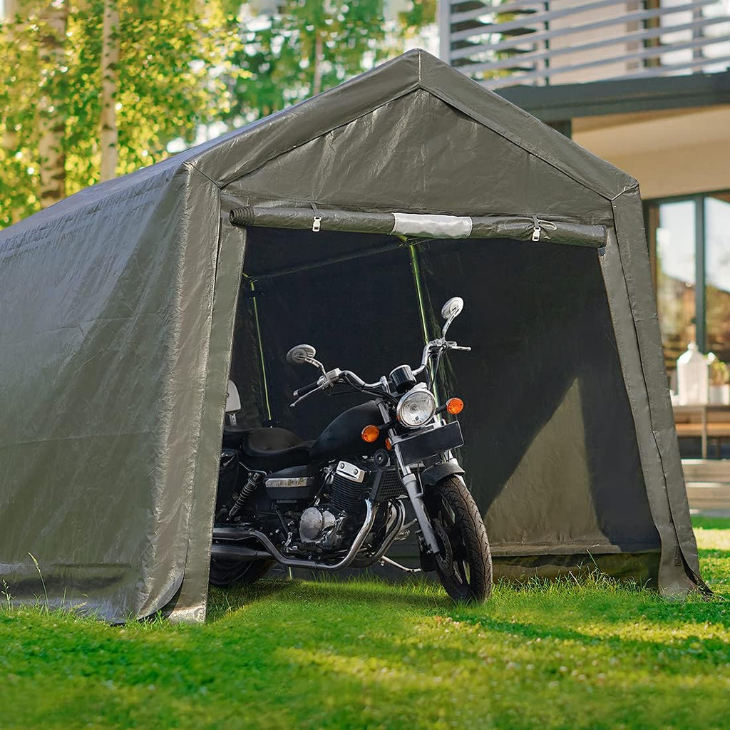 Gray Steel Metal Peak Roof Portable Garage Shelter Storage Shed Carport with 2 Roll up Doors R390015