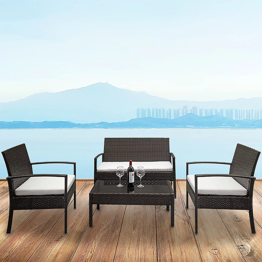4 Pieces Rattan Cushioned Sofa Table Set T398