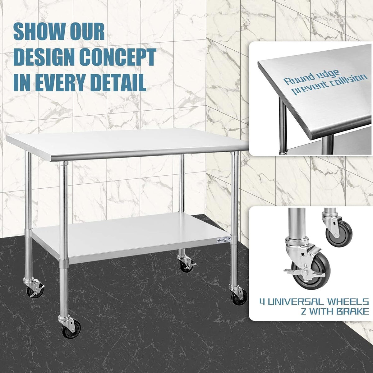 Stainless Steel Table 30 x 48 Inches with Caster Wheels J2690