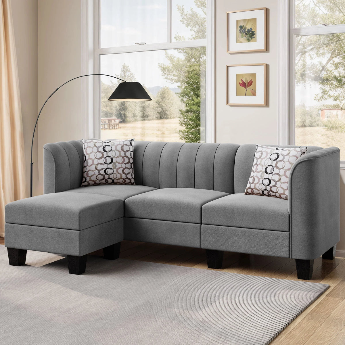 Black L Shaped Linen Fabric Sectional Sofa Y76415
