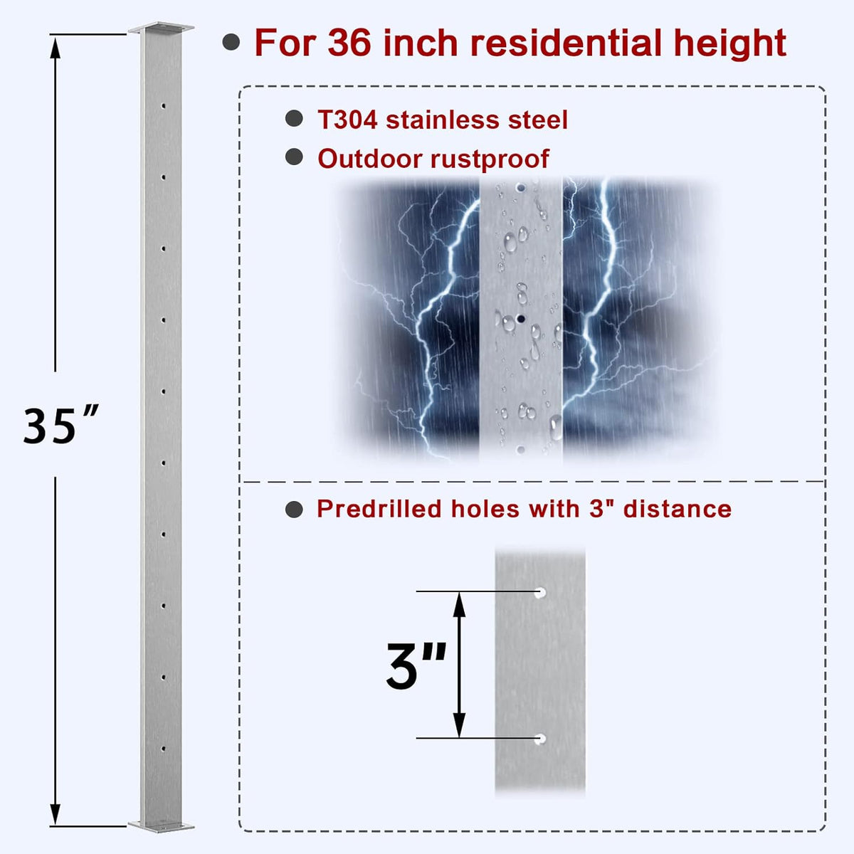 36x3/8x2 Stainless Steel Brushed Pre-Drilled Cable Railing Post G342655