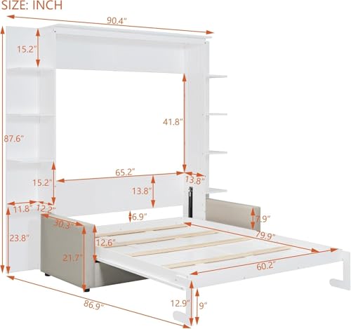 Queen Size Wood Murphy Bed with Storage Shelves and Sofa S257895