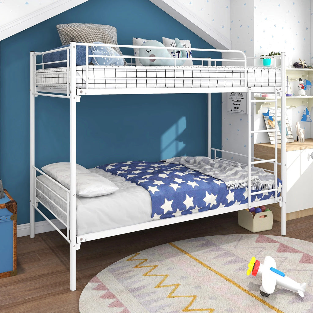 Twin-Over-Twin Bunk Bed with Metal Frame and Ladder White Q9131