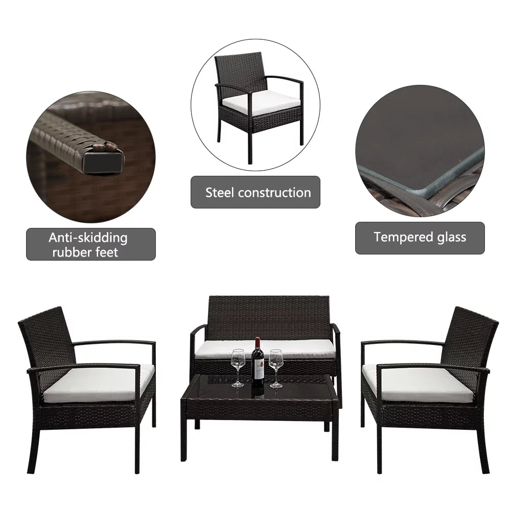 4 Pieces Rattan Cushioned Sofa Table Set T398