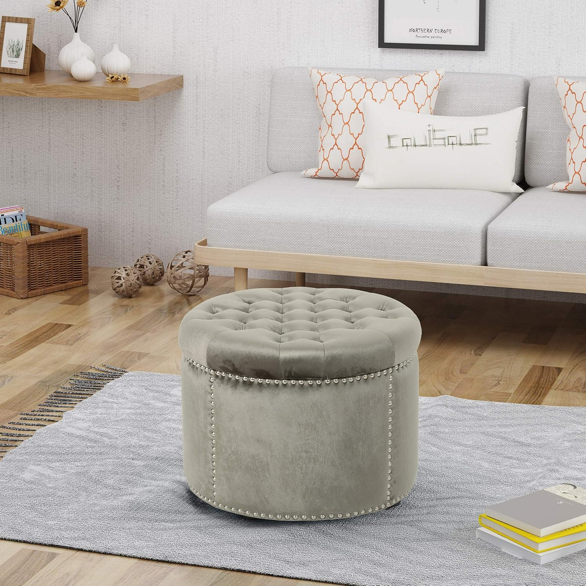 Grey Velvet Tufted Ottoman W929