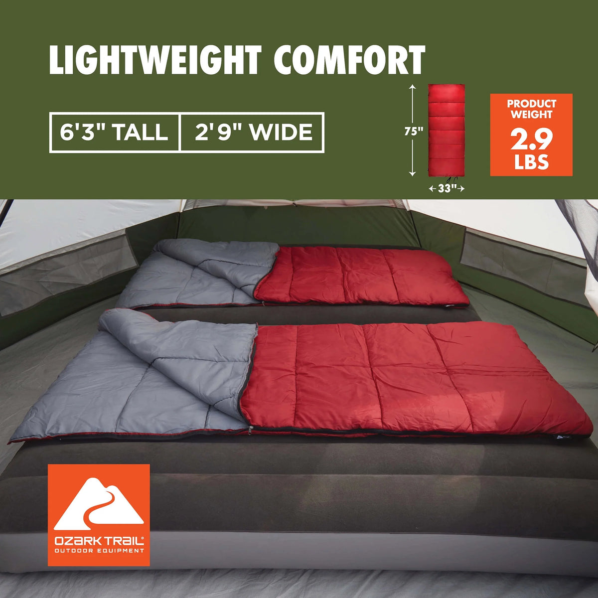 50-Degree Warm Weather Rectangular Sleeping Bag, Red, 33x75 R737898