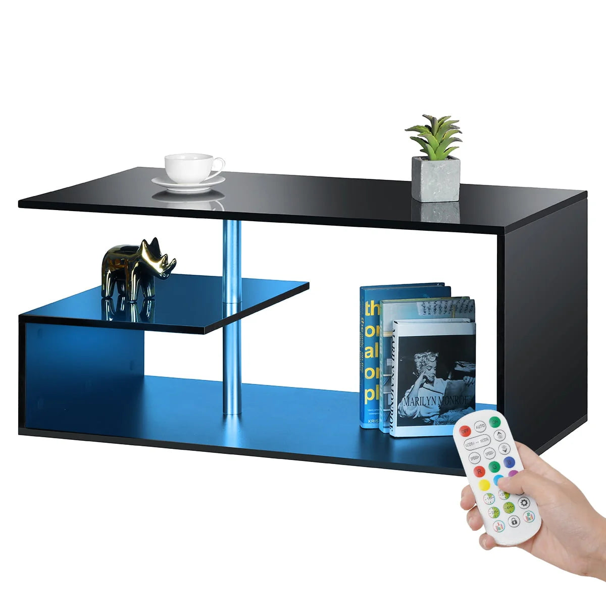 High Gloss Coffee Table with Open Shelf LED Lights White S Shaped P4833