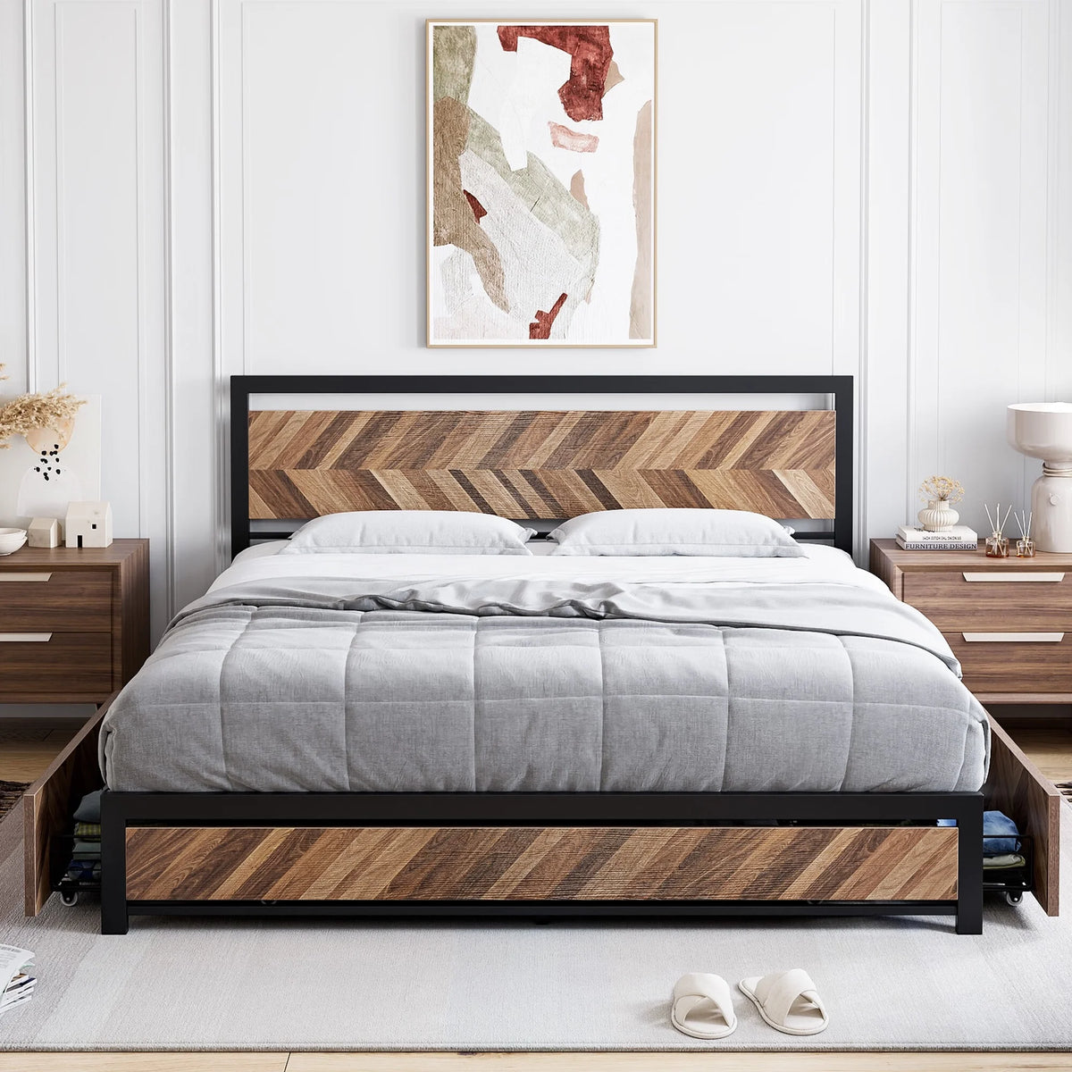 Metal Bed Frame with 4 Storage Drawers, Vintage Wood Headboard, Full Size N84236