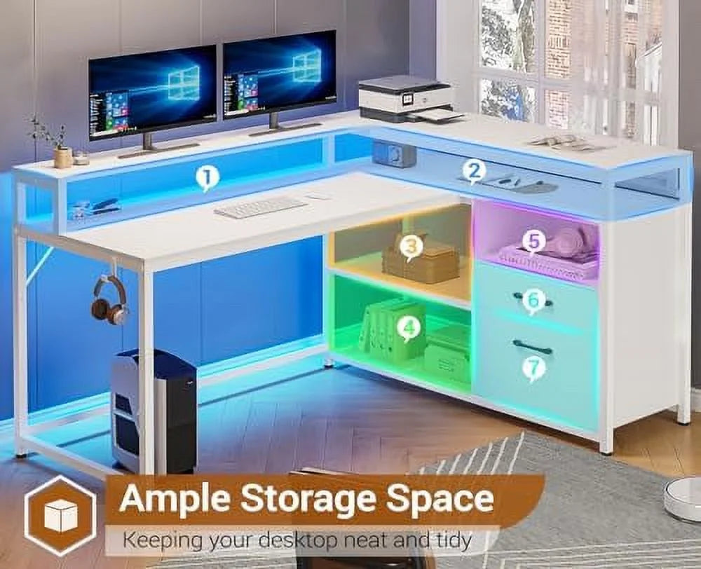 White L Shaped Computer Desk with Drawers B77061