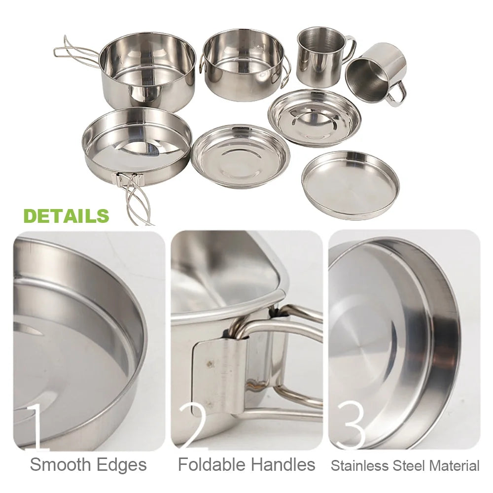 8PCS Stainless Steel Camping Cookware Pot and Pan Set K72842