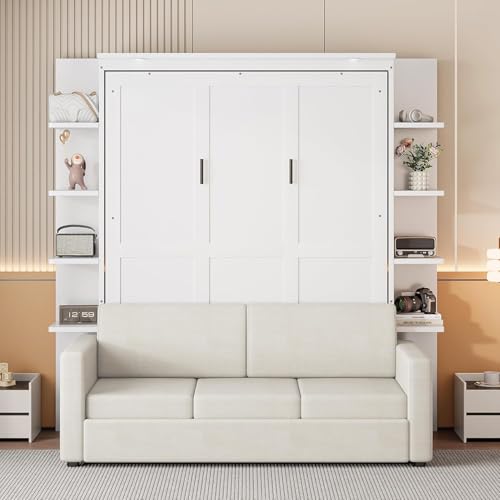 Queen Size Wood Murphy Bed with Storage Shelves and Sofa S257895
