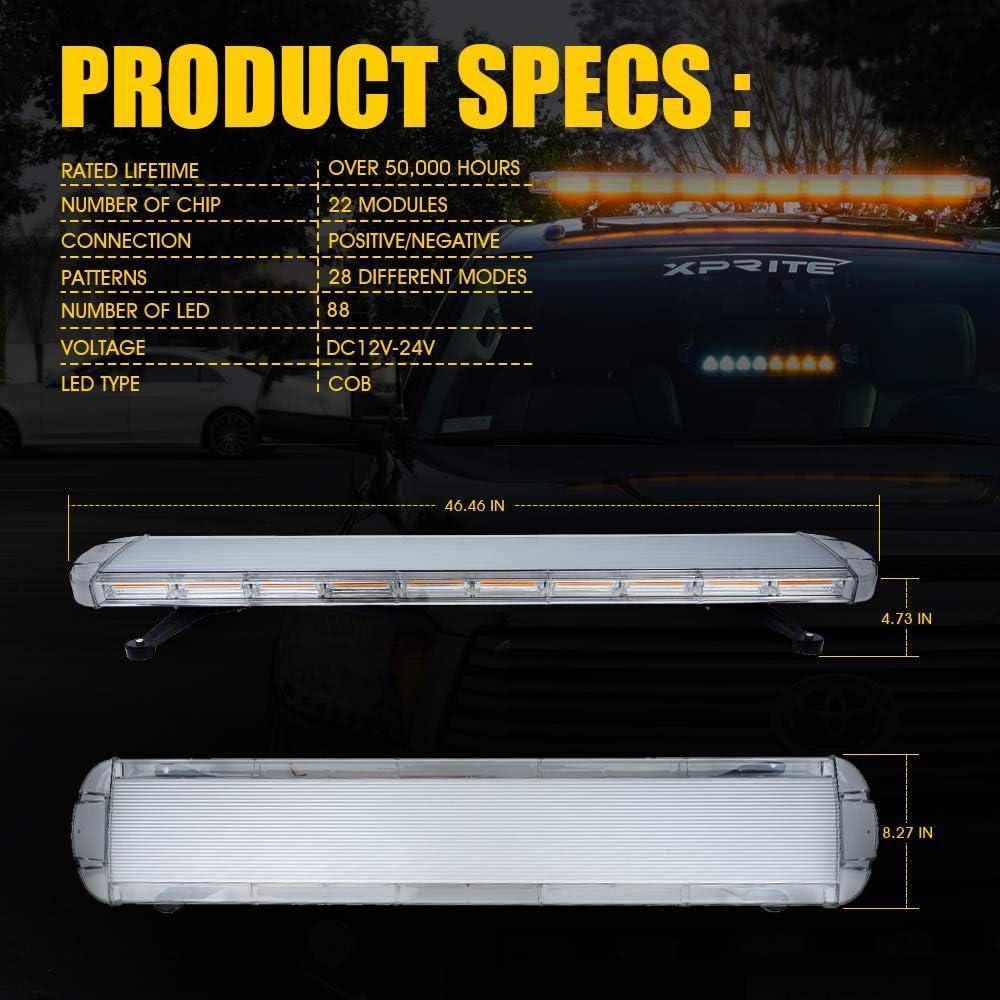 47 Inch COB LED Amber Rooftop Emergency Strobe Lights Bar with Adjustable Mounting Brackets S724
