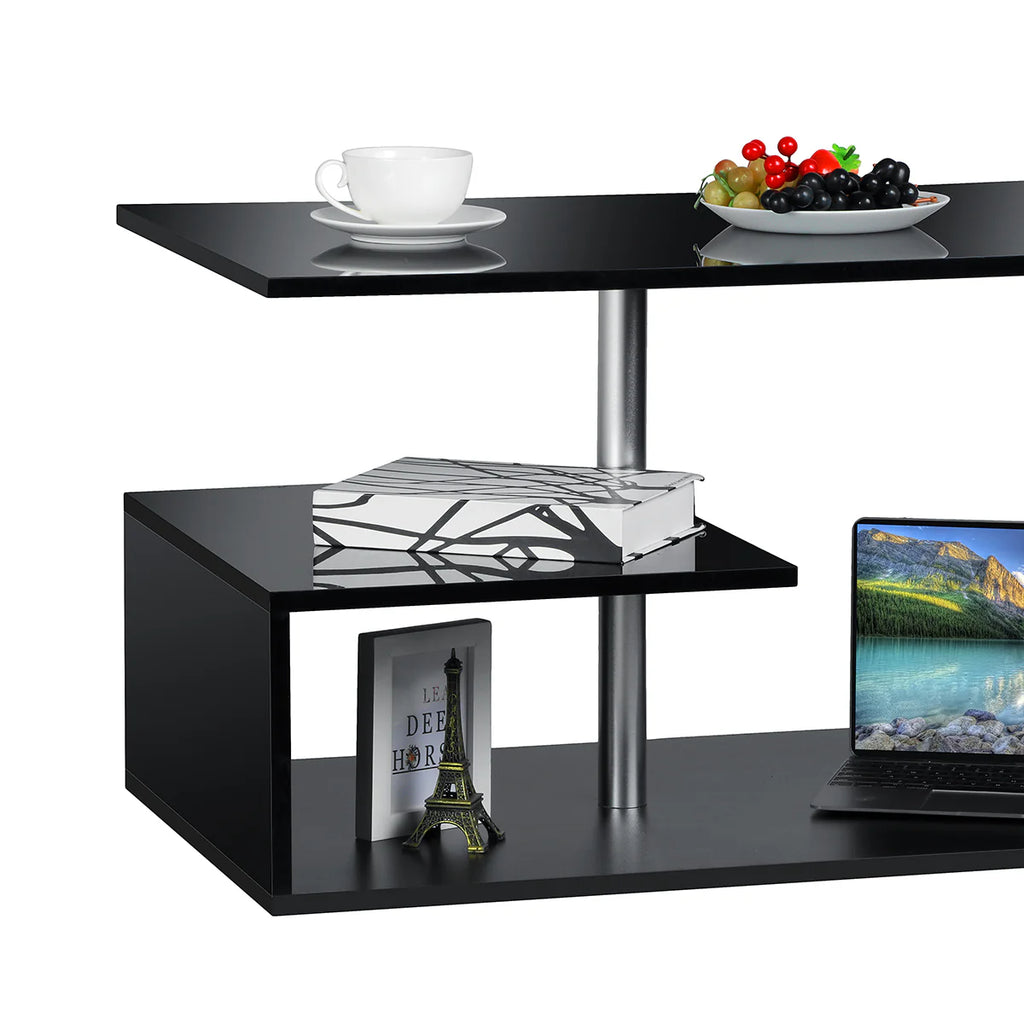 High Gloss Coffee Table with Open Shelf LED Lights White S Shaped P4833