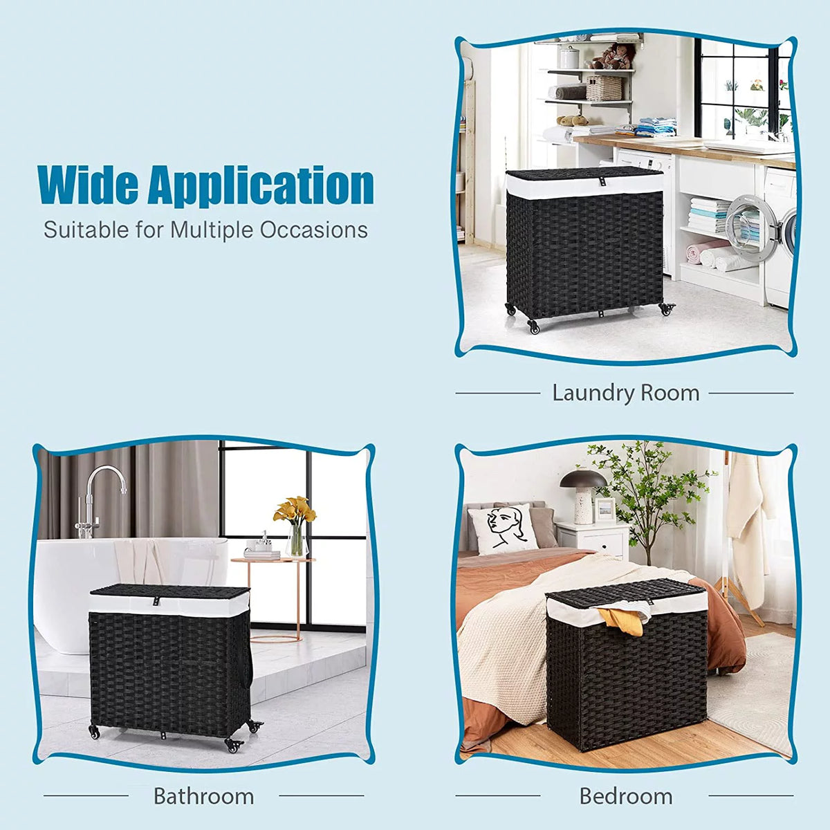 Hand Woven Rattan Laundry Hamper with Lid and Wheels A9681