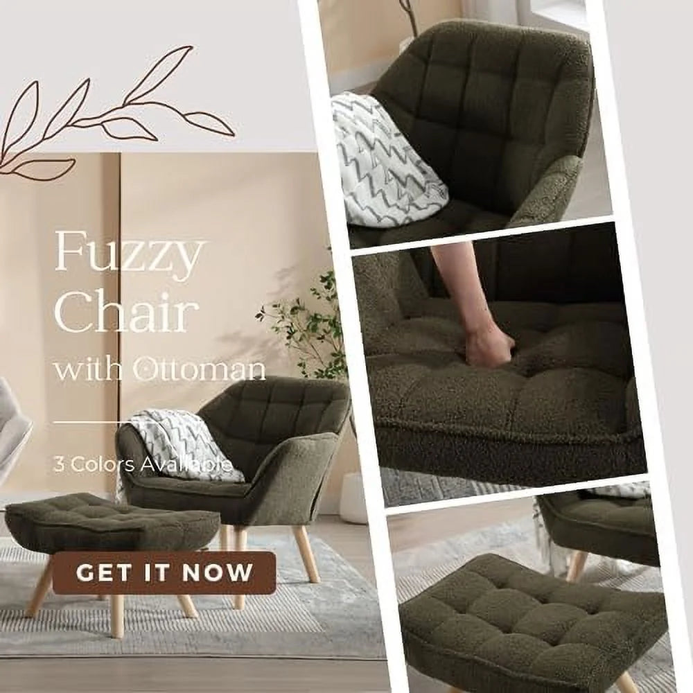 Small 2-Seat Green Sherpa Loveseat with Wood Legs J820