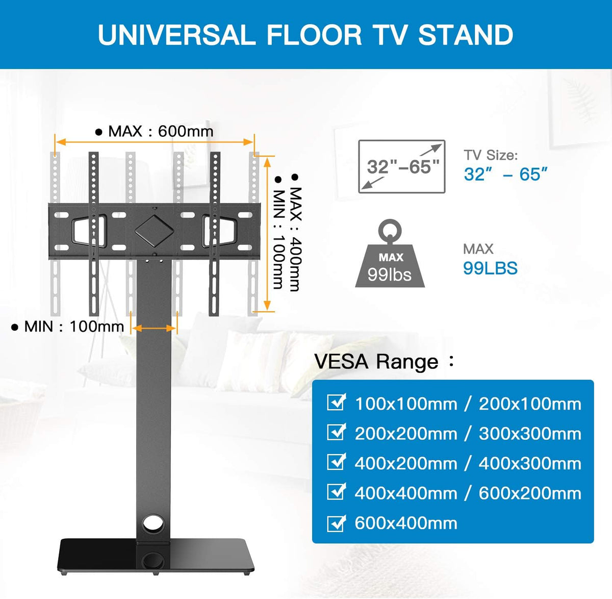 Universal Floor TV Stand with Swivel Mount for 32-65 inch TVs D345