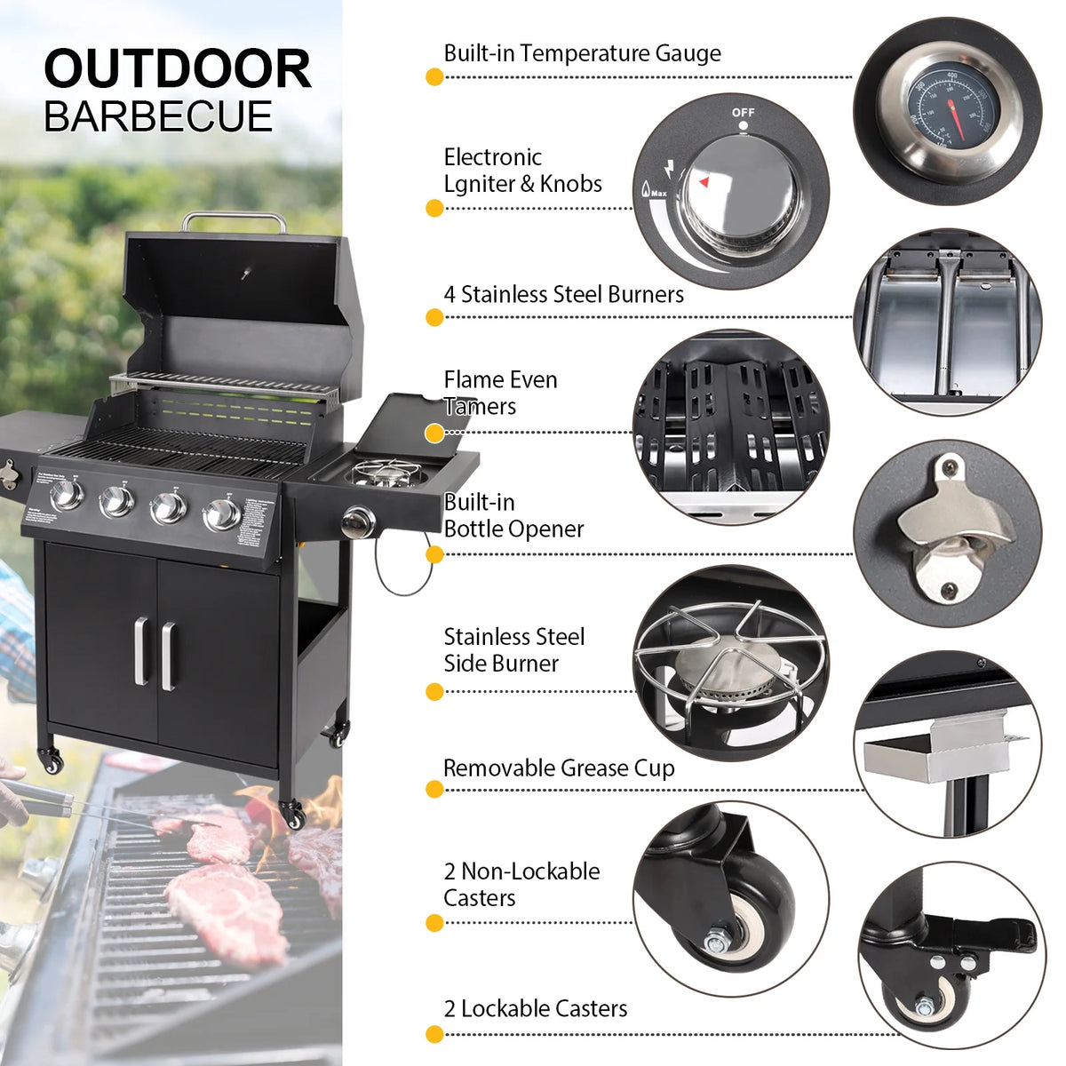 4-Burner Propane Gas Grill with Side Burner G688
