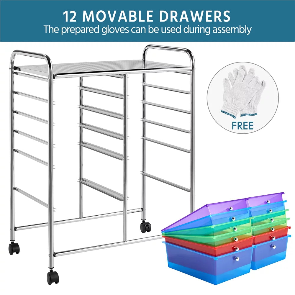 12 Drawer Rolling Storage Cart with Castors, Black W3003