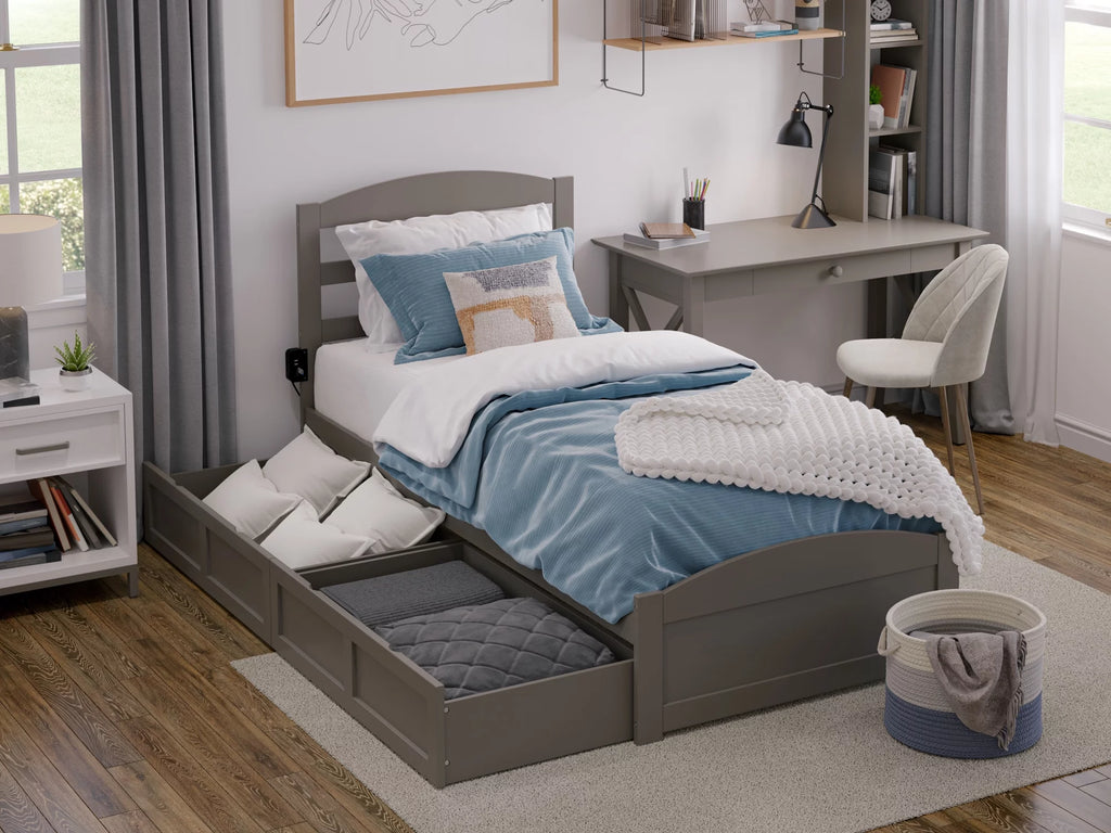 Grey Twin Wood Platform Bed with 2 Storage Drawers T604