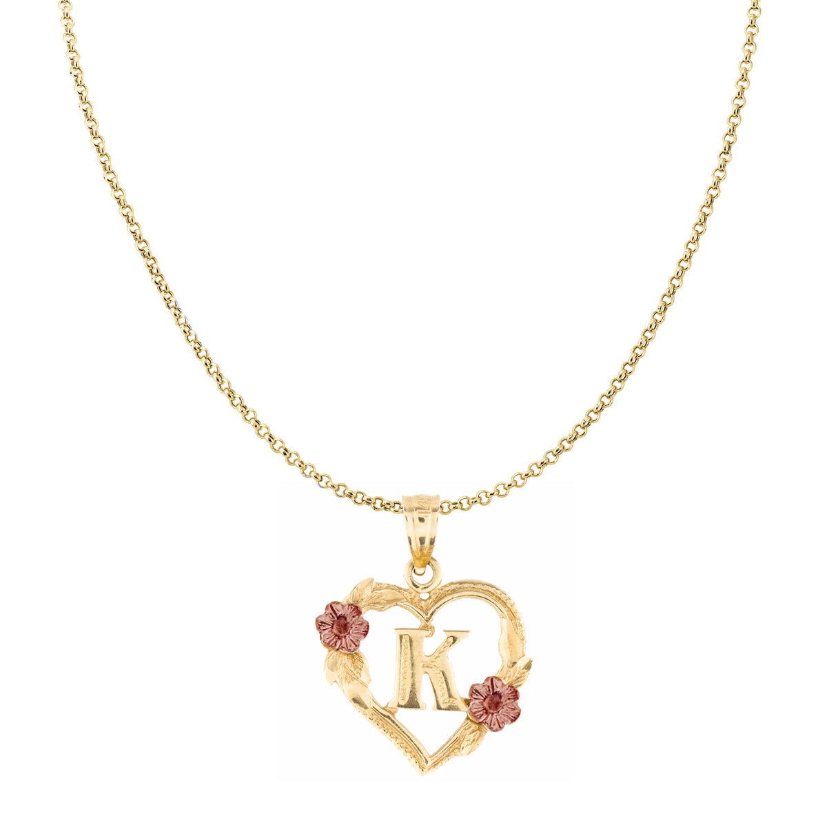 14K Two-Tone Gold Flower and Heart-Shaped Initial Pendant with 16" Chain Necklace Y9345